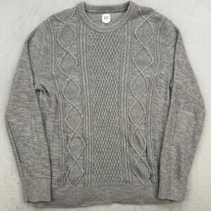 Gap Sweater Mens Medium Gray Fisherman Cable Chunky Knit Crew Neck Heavyweight